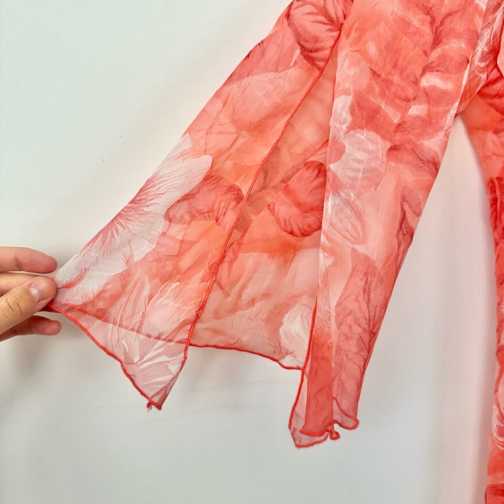 Vintage Picadilly Orange and Pink Floral Asymmetrical Sheer Blouse 3/4 Sleeves - Picture 9 of 15